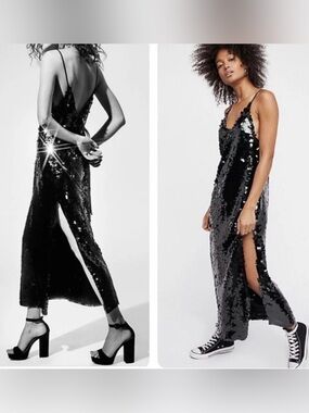 Free People Paillette Party Midi Slip Dress Black Sequin Sleeveless